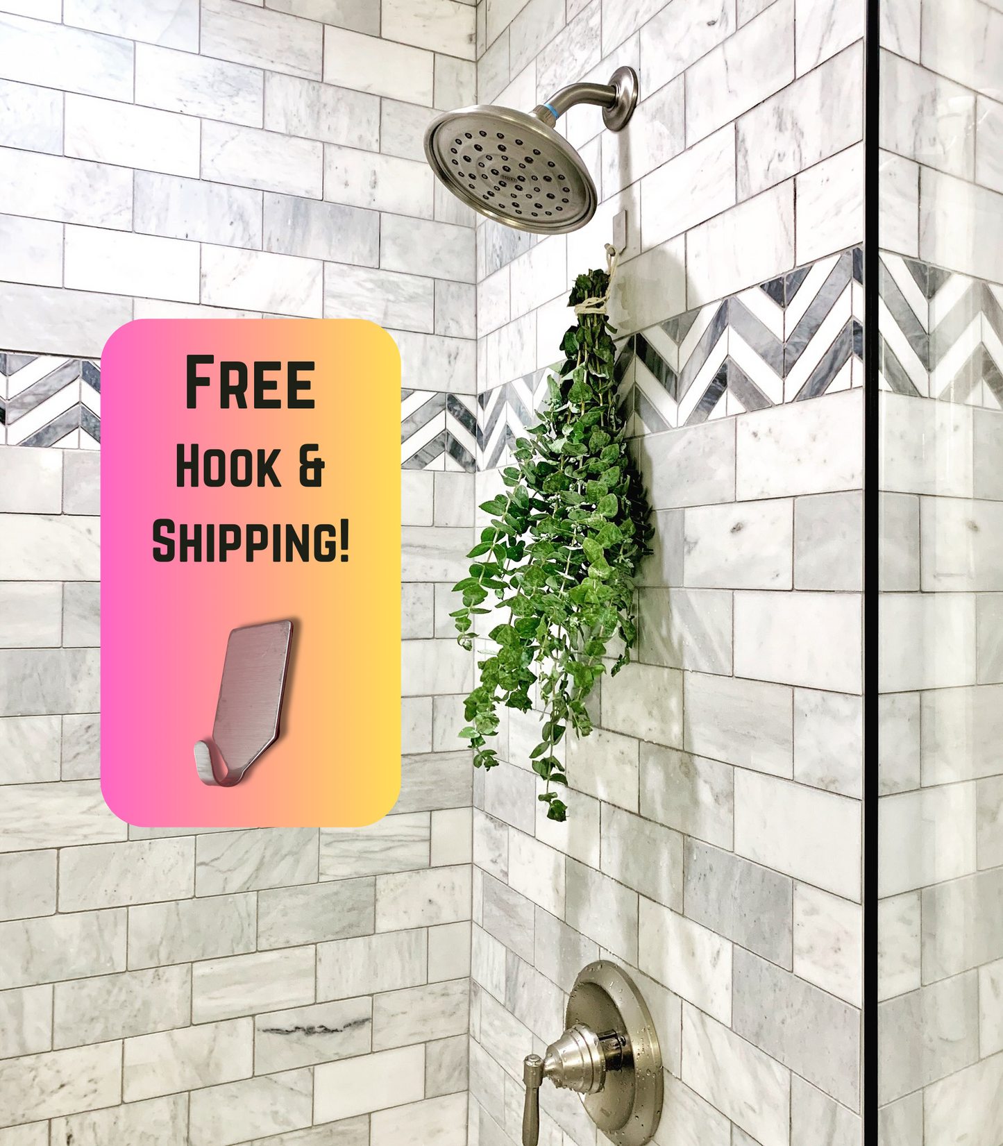 Fresh shower eucalyptus bundle hanging from a stainless steel hook. The bundle is placed under the shower head for maximum scent release.