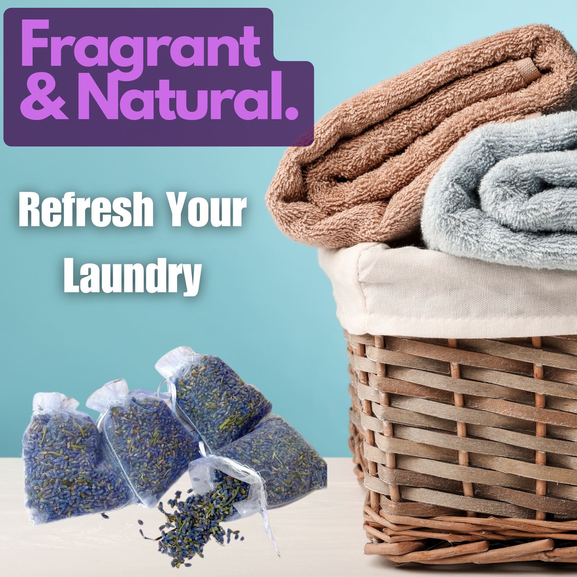 Laundry products with towels in a basket against a blue background