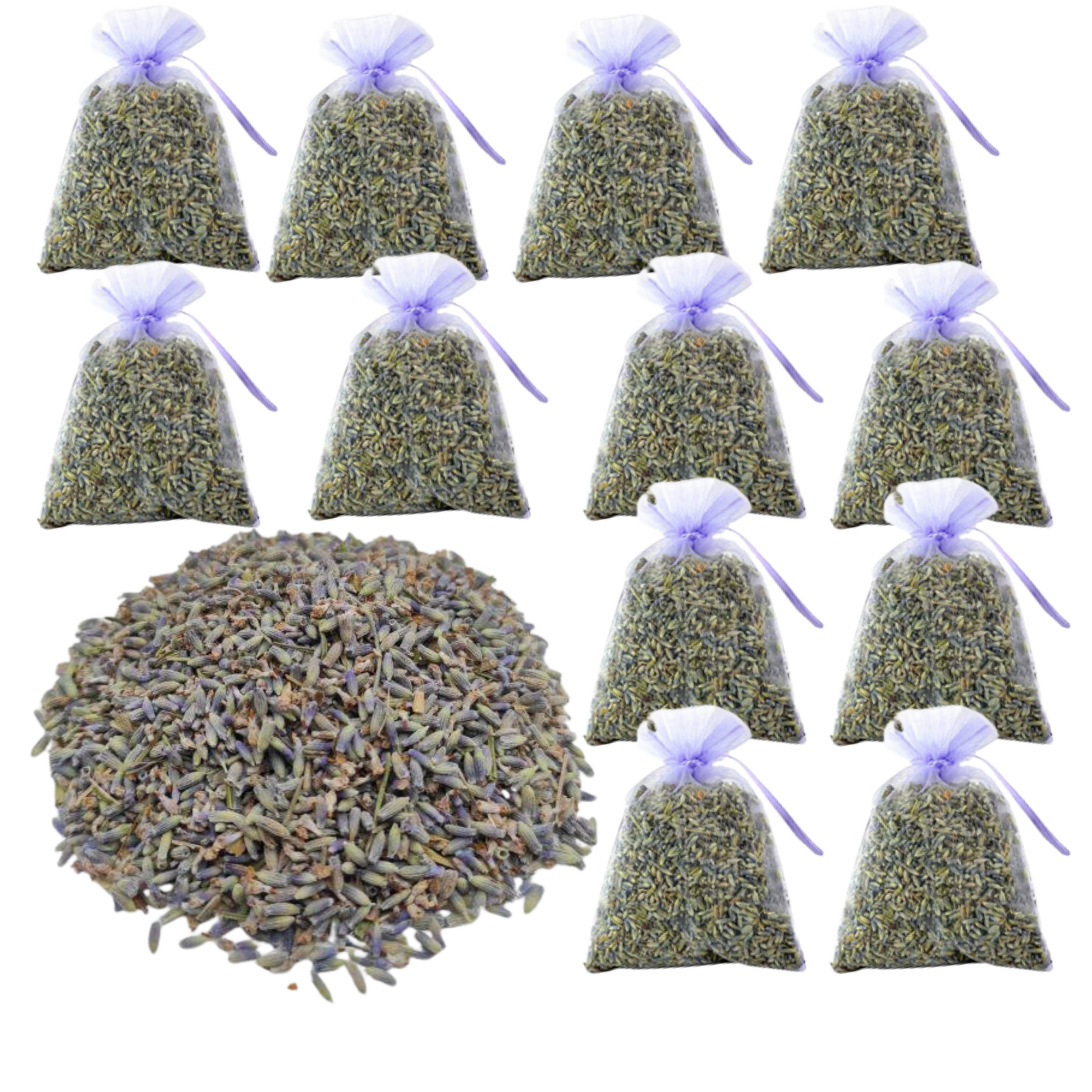 Set of lavender bags with a large pile of lavender on a white background